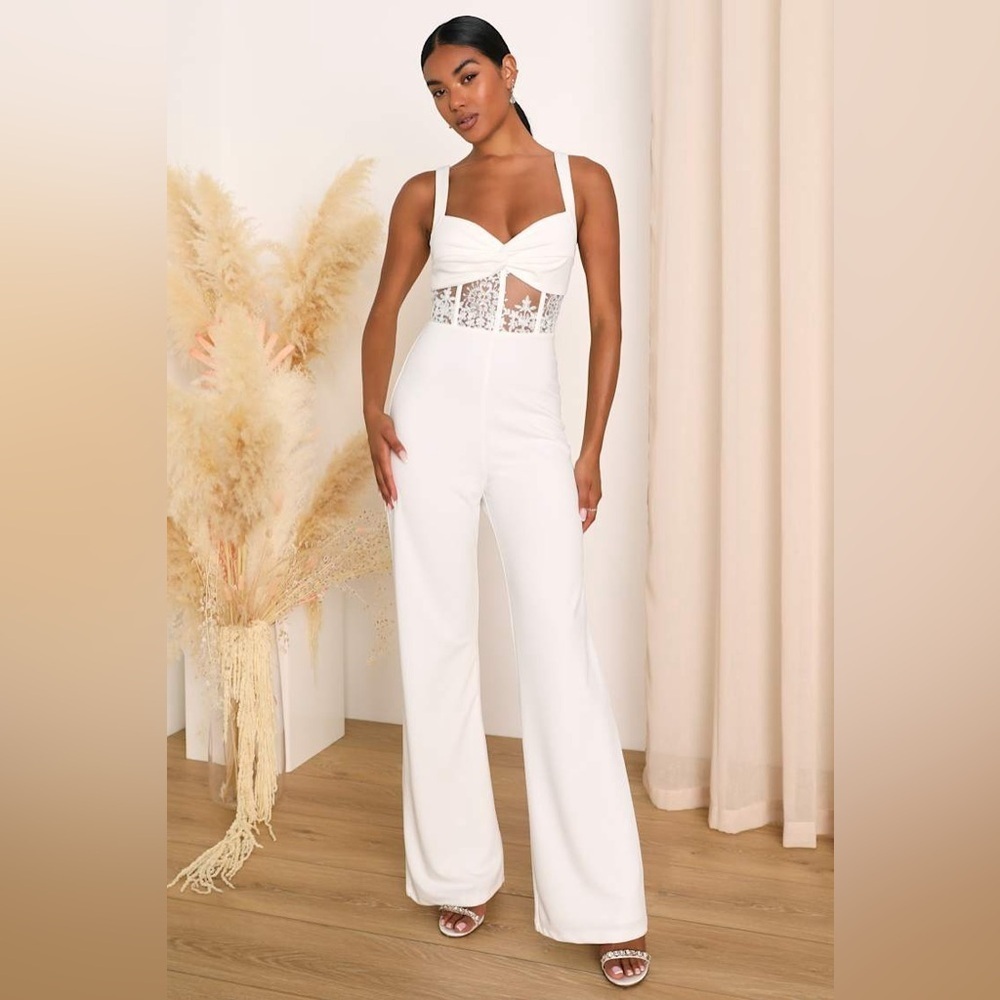 LULU’S Adore The Feeling White Sheer Lace Bustier Twist-Front Jumpsuit - Picture 4 of 8
